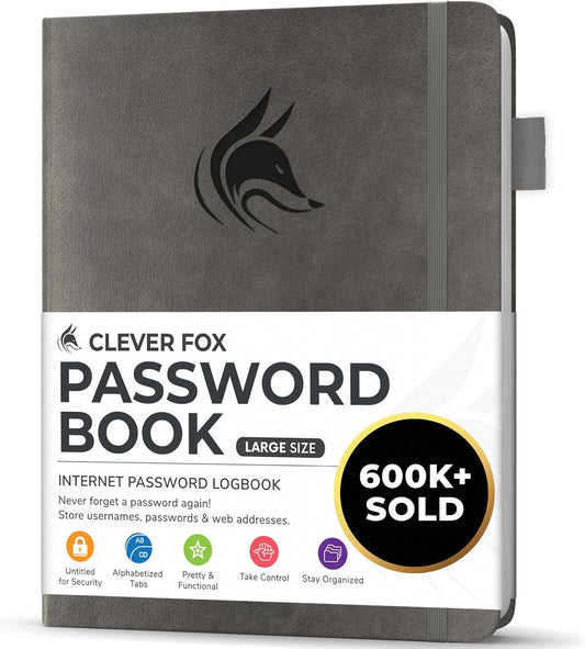 Clever Fox Password Book with alphabetical tabs. Internet Address Organizer Logbook. Large Password Keeper for Website Logins (Gray)