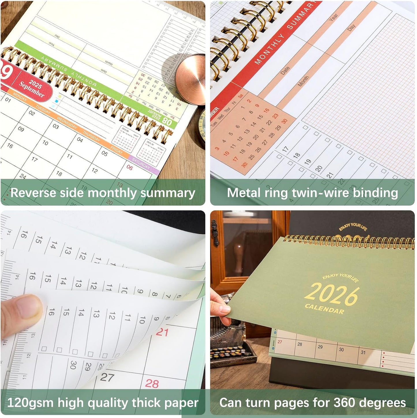 Small Desk Calendar 2025-2026, Standing Flip Desktop Calendar from July 2025 to Dec 2026 - Metal Ring Twin-Wire Binding Monthly Desktop Calendar for Home Office School (kraft paper color)