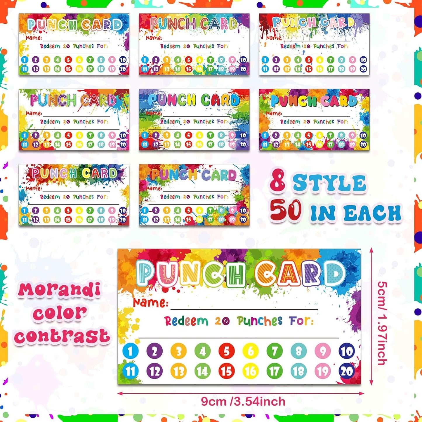 Fumete 400 Pcs Punch Cards for Classroom Reward Cards Behavior Incentive Loyalty Awards for Kids Students Teachers School Business, 8 Styles, 3.5 x 2 in(20 Rainbow Tie Dye Punches Style)
