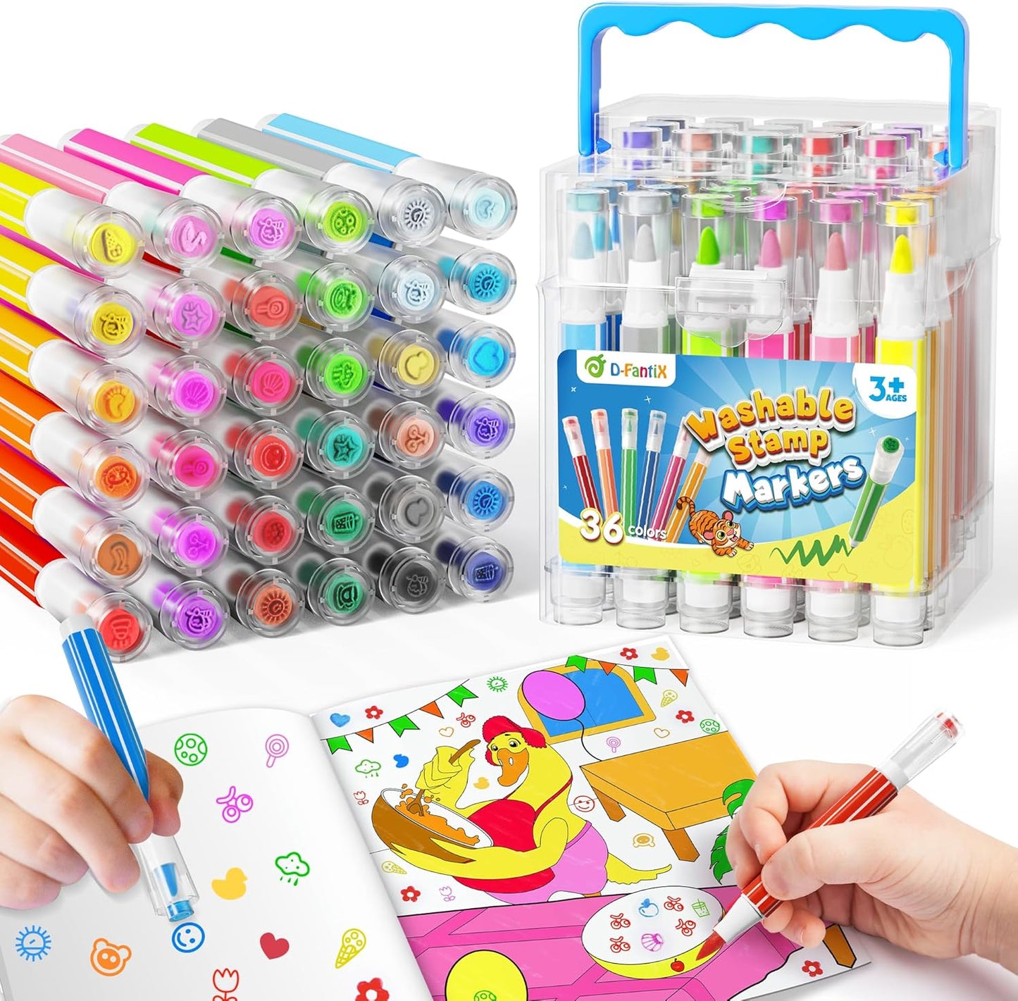 D-FantiX 36 Colors Washable Markers for Kids, Stamp Markers Coloring Set with Coloring Books and Stand Portable Box, Back to School Supplies for Girls Boys, Kids Road Trip Activities