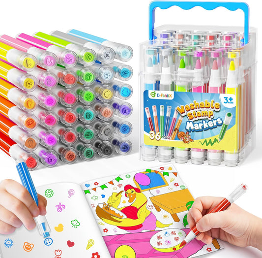 D-FantiX 36 Colors Washable Markers for Kids, Stamp Markers Coloring Set with Coloring Books and Stand Portable Box, Back to School Supplies for Girls Boys, Kids Road Trip Activities