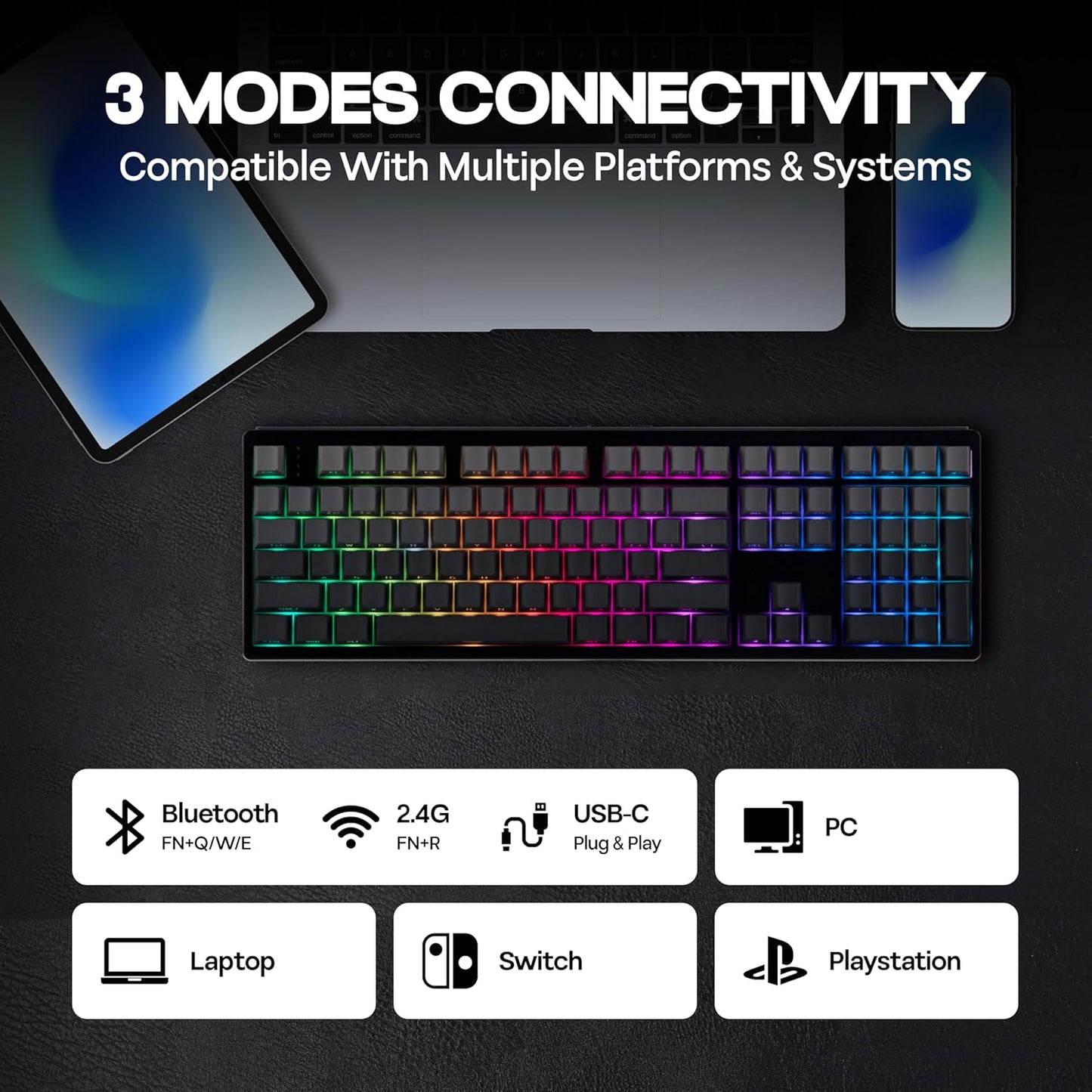 EPOMAKER TH108 Full Size Mechanical Keyboard, Wireless Gaming Keyboard, 8000mAh Battery, Creamy Gasket, 108 Keys, Hot Swap, Custom Driver, RGB Backlights (Black, Sea Salt Silent Switch)
