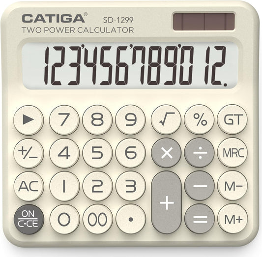 CATIGA Mechanical Switch Calculator with Solar and Battery Dual Power, 12-Digit Large LCD Display, Aesthetic and Cute Desktop Calculator with Big Button, for Home, School and Office Use, SD-1299