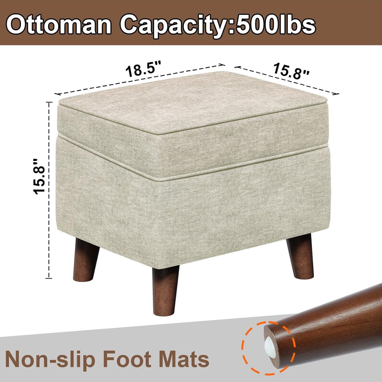 Foot Rest with Adjustable Cover, 18" Storage Ottoman Dorm, Footstool and Sitting Stool, Ottoman Foot Stools for Living Room, Bedroom, Dorm, Beige