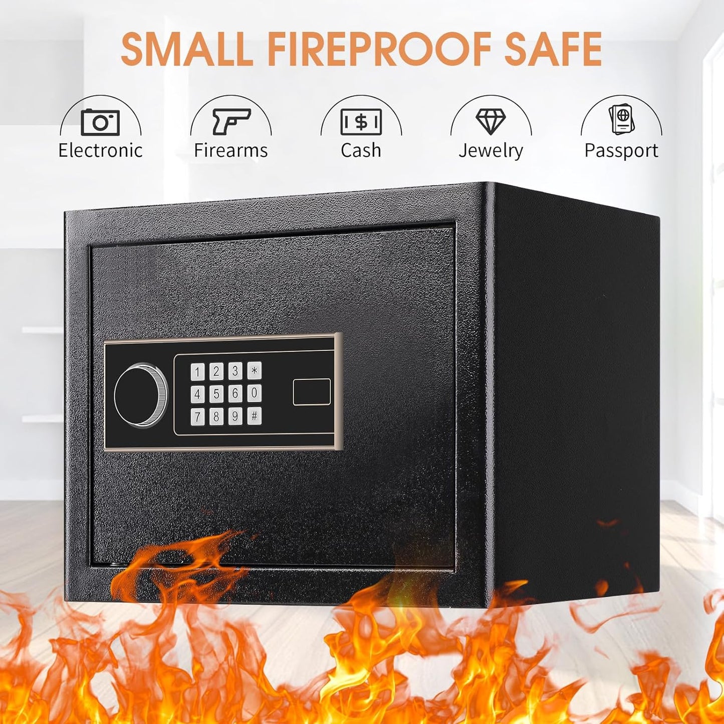 1.5 Cub Fireproof Safe for HOME USE, Anti-Theft Digital Security Safety Box with Electronic Keypad, Spare Keys and Removable Shelf, Home Safe Box Fireproof Waterproof for Money Medicine Document