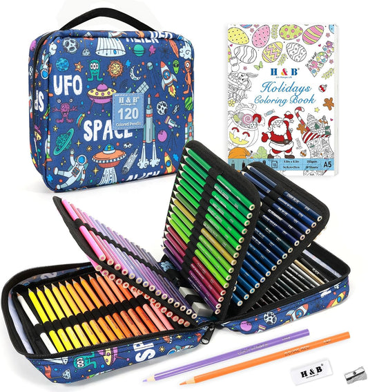 H & B 120 Colored Pencils Kit with Coloring Book, Eraser and Sharpener, Oil Based Soft Core Coloring Pencils Kit with Zipper for Drawing, Gift for Artists, Adults, Teens