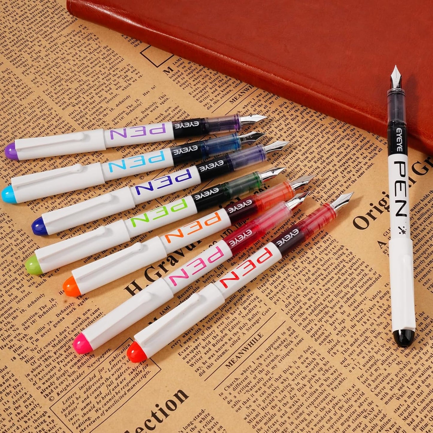 EYEYE Fountain Pens for Writing, 8 Pack Assorted Colors Fine Point Disposable Fountain Pens Stainless Steel Nib, Smooth Writing for Journaling, Drafting, Sketching, Doodling & Gifts