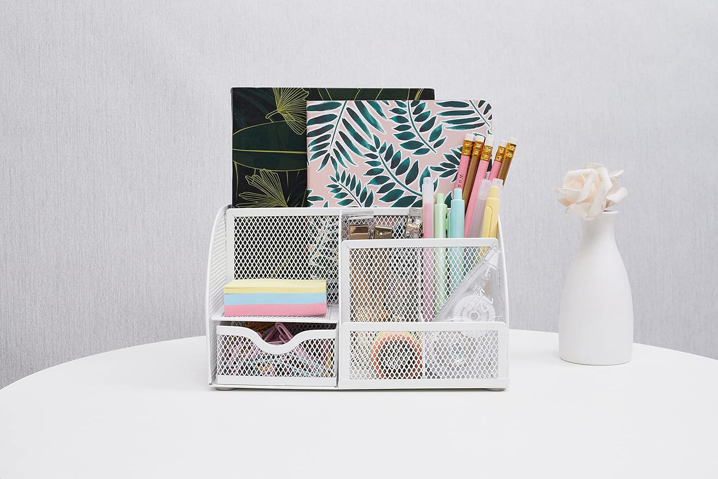 Annova Mesh Desk Organizer Office with 7 Compartments + Drawer/Desk Tidy Candy/Pen Holder/Multifunctional Organizer (White)