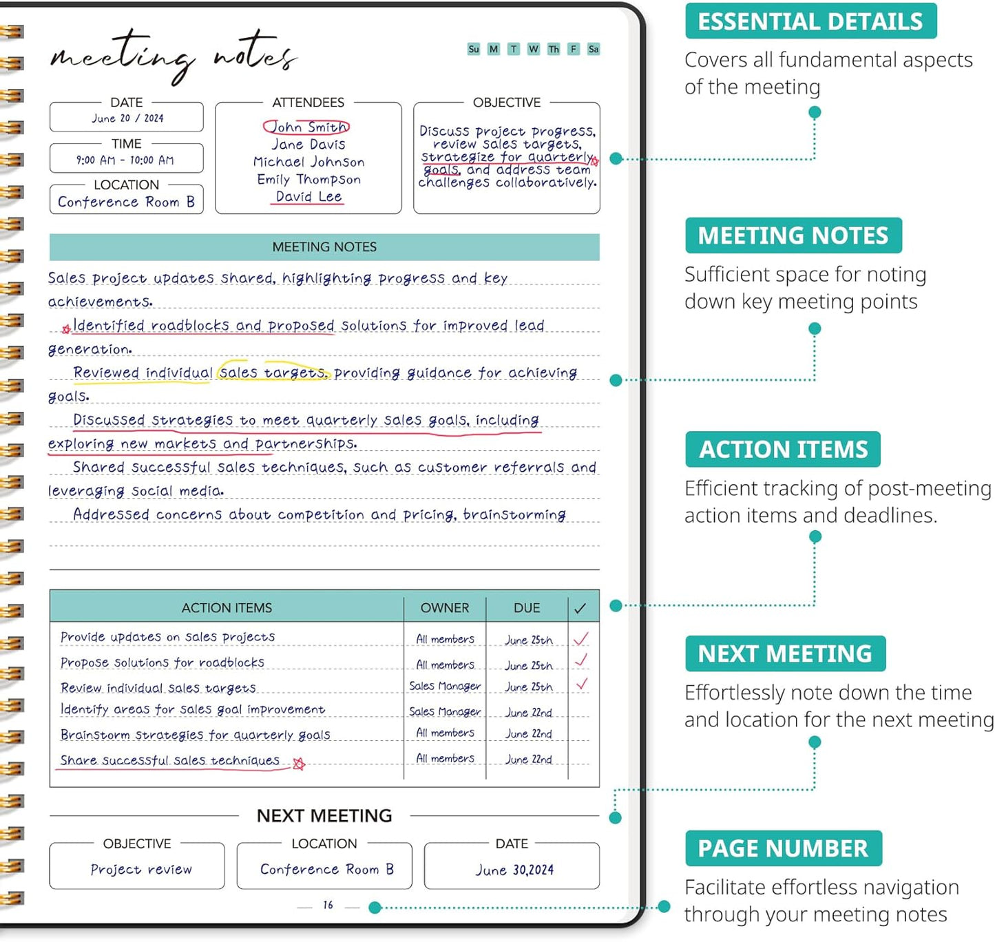 6 Pack of Meeting Notebook for Work Organization - Work notebook with action items, Meeting Minutes Planner Notebook, Perfect Office Supplies for Men & Women - Black