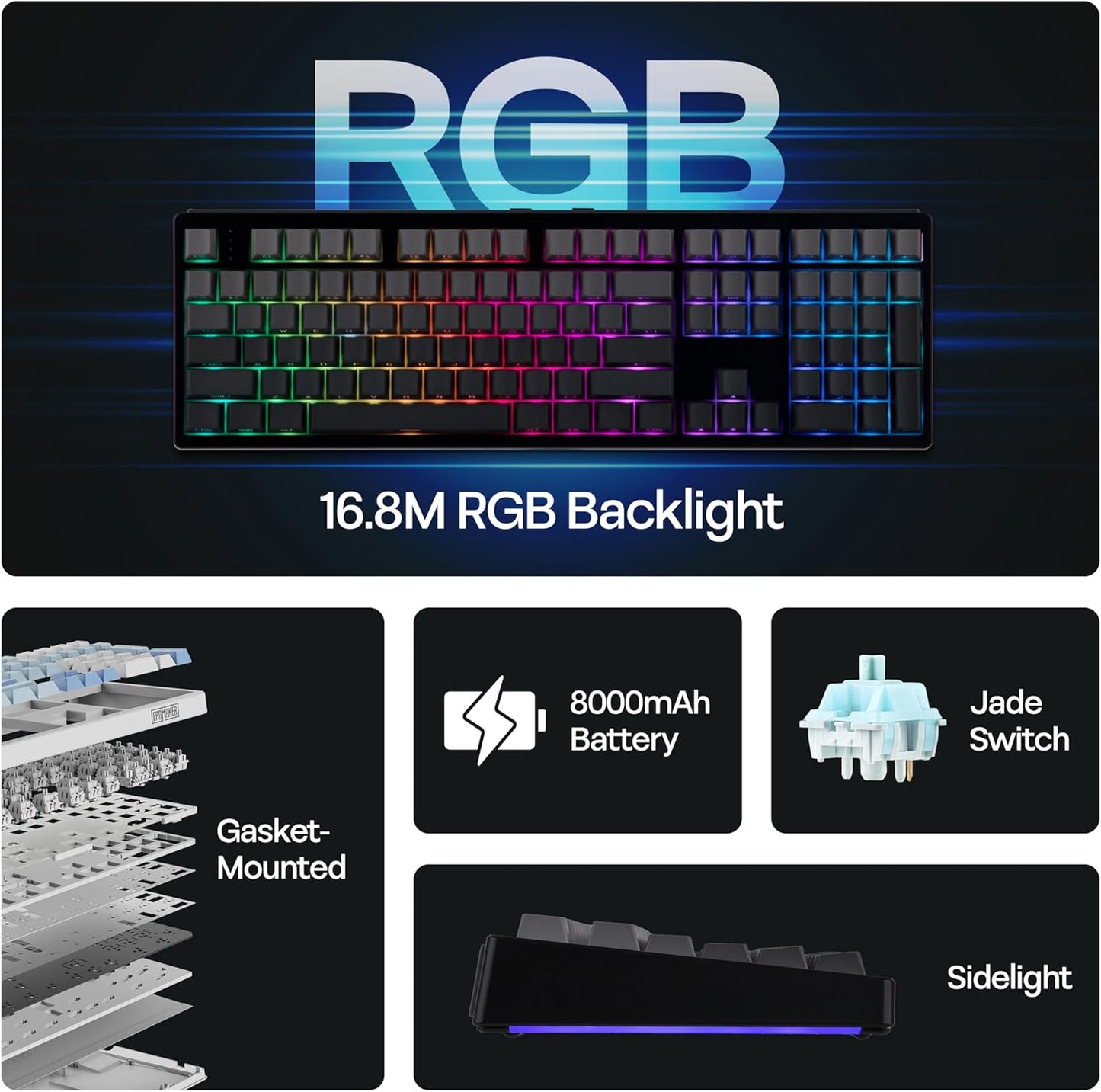 EPOMAKER TH108 Full Size Mechanical Keyboard, Wireless Gaming Keyboard, 8000mAh Battery, Creamy Gasket, 108 Keys, Hot Swap, Custom Driver, RGB Backlights (Black, Creamy Jade Switch)