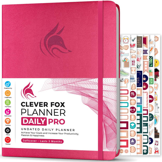 Clever Fox Planner Daily PRO - 8.5 x 11" A4 Size Daily Life Planner and Gratitude Journal to Increase Productivity, Time Management and Hit Your Goals - Undated - Lasts 3 Months (Dark Pink)