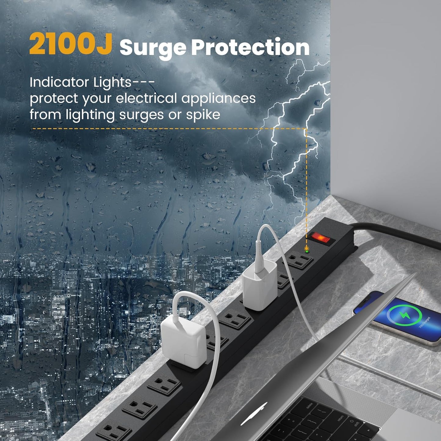 12 Outlet Long Power Strip Surge Protector with 2100 Joules, 3FT Power Cord, Wide Spaced Outlet Power Bar, Overload Protection Switch, Industrial Heavy Duty for Work Bench, Shop, Garage (Black),2 Pack