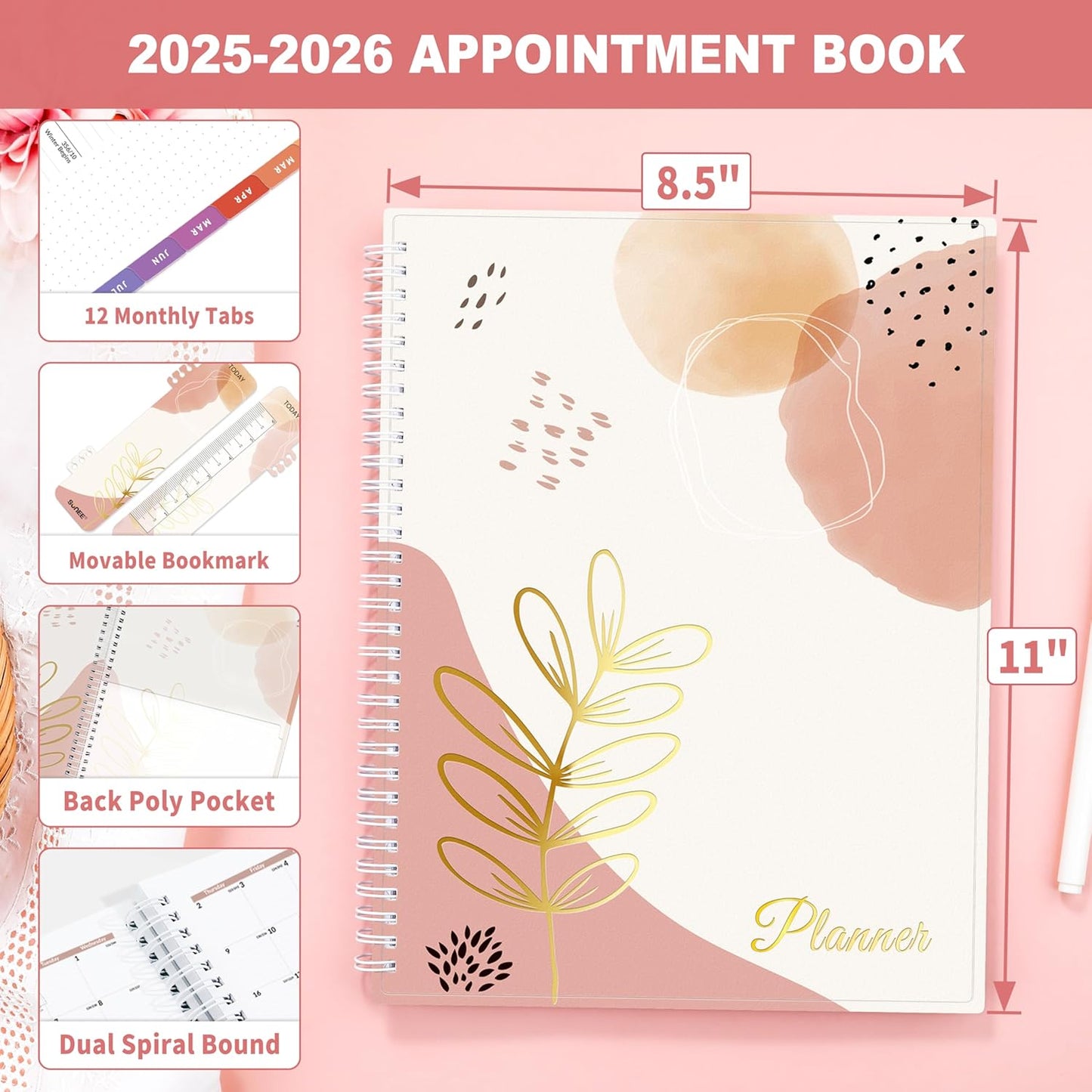SUNEE 2025-2026 Appointment Book, Quarter-Hourly, Weekly & Monthly - from July 2025 to June 2026, 8.5"x11" Academic Planner, Flexible Cover, Note Pages, Bookmark, Spiral Binding, Blushing Abstract