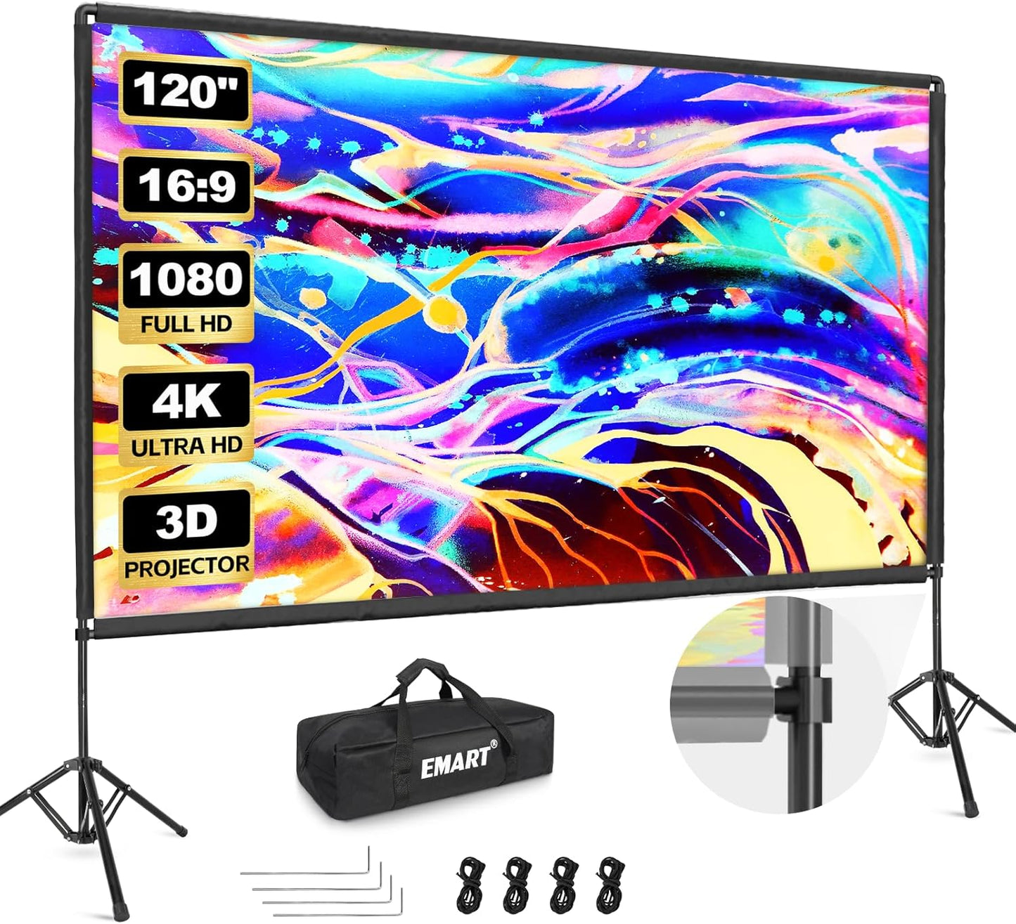 EMART Outdoor Projector Screen with Stand, 120 Inch Portable Indoor 16:9 4K HD Rear Front Movie Screens & Foldable Tripod with Carry Bag for Theater Home Backyard Movies