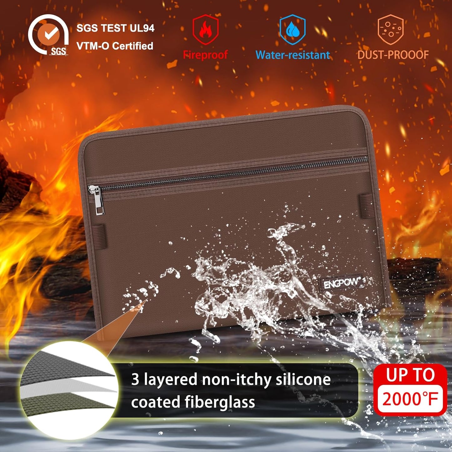 ENGPOW Accordion File Organizer,Fireproof 13 Pockets Expanding File Folder,Document Organizer Folder with Zipper＆Labels,Portable Home Travel Safe Storage for Letter A4 Files and More,Brown