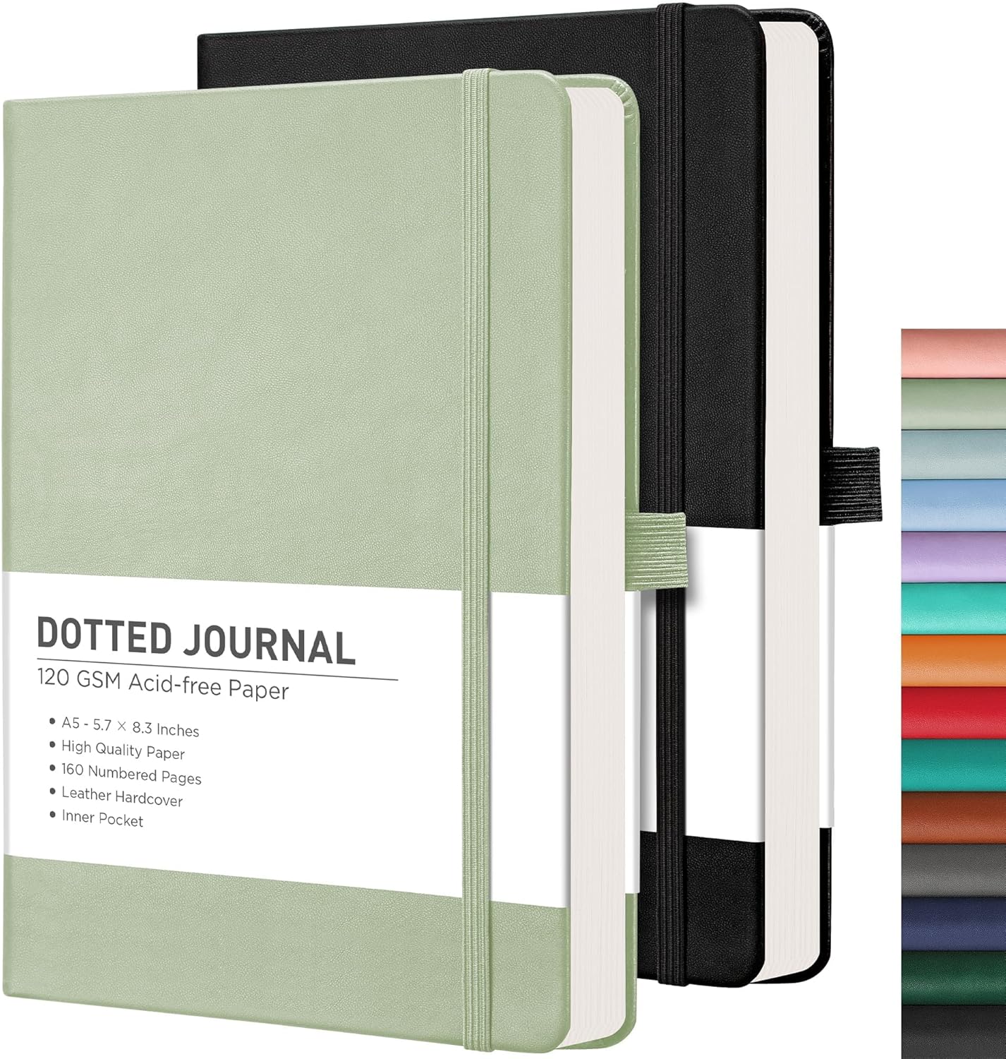RETTACY Bullet Dotted Journal Notebook, 2-Pack, 160 Numbered Pages per Pack, A5 Medium Size (5.7'' x 8.3''), 120 GSM Thick Paper, Leather Hardcover, for Bullet Journaling (Black & Light Green)