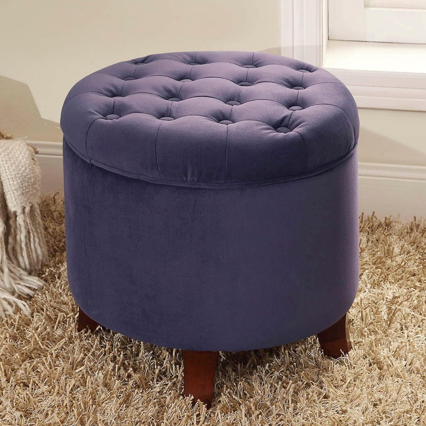 HomePop Home Decor | Upholstered Round Velvet Tufted Foot Rest Ottoman | Ottoman with Storage for Living Room & Bedroom | Decorative Home Furniture, Purple