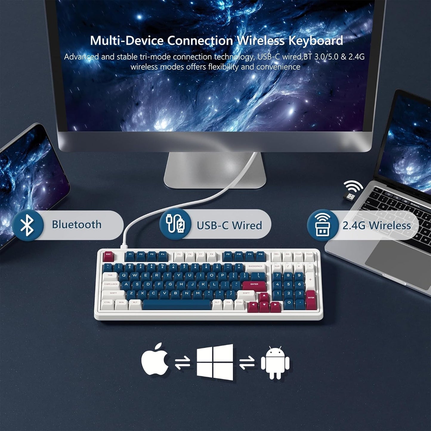 CMK98 Wireless Mechanical Keyboard with Number Pad,Tri-Mode Hot Swappable 99 Key Custom Gaming Keyboard, Linear Switches Gasket Creamy Keyboard RGB for Win/MAC (Blue Red)