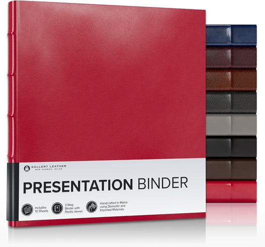 Gallery Leather 3 Ring Binder with Plastic Sleeves, Includes 10 Sheets, Sheet Size: 8.5" x 11" - Presentation Binder Rings with Hubbed Spine, Thick: 1.25" Camden Red