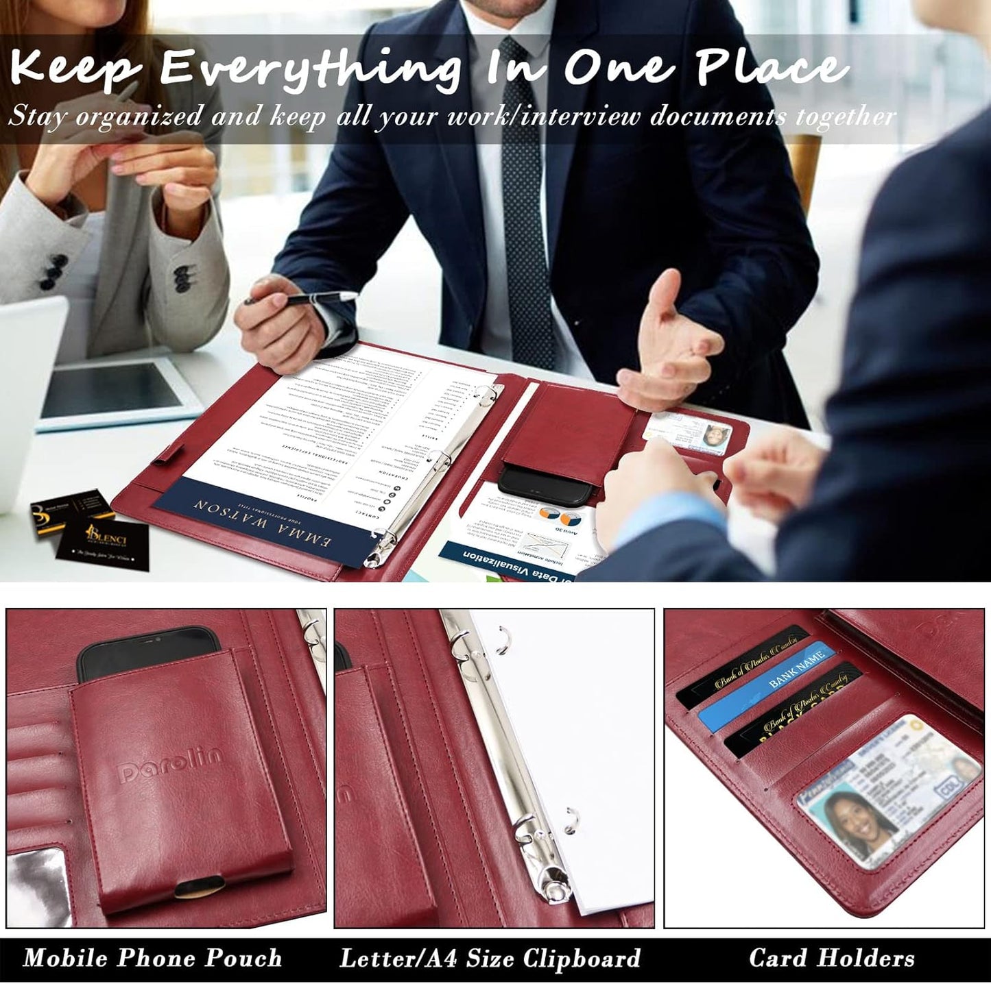 Darolin Business/Resume Padfolio with 3 Ring Binder, Interview/Conference/Legal Document Organizer, Leather Portfolio for Women/Men