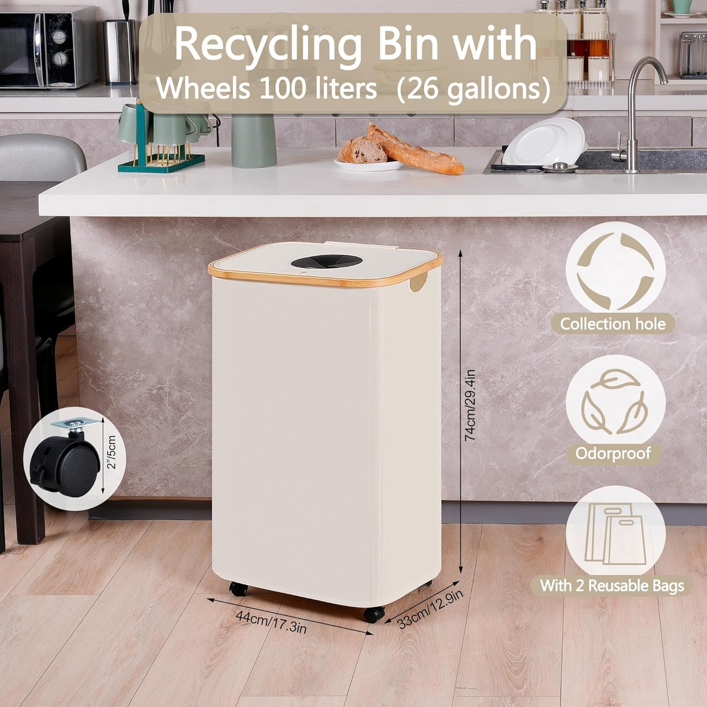 efluky Recycle Bins for Kitchen 100L (26 Gallon), Recycling Bin with Wheels and 2 Removeable and Reusable Inner Bags, Kitchen Recycling bin with lid for Bottle Can Plastice Stickers, Beige