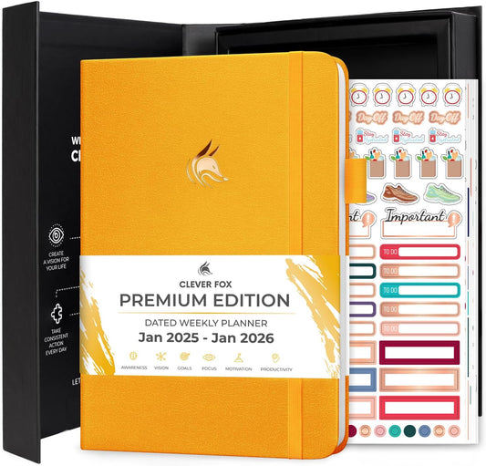 Clever Fox Dated Planner Premium 2025 – Weekly Agenda for Planning & Time Management –Notebook with Habit Tracker & To-do List (Amber Yellow)