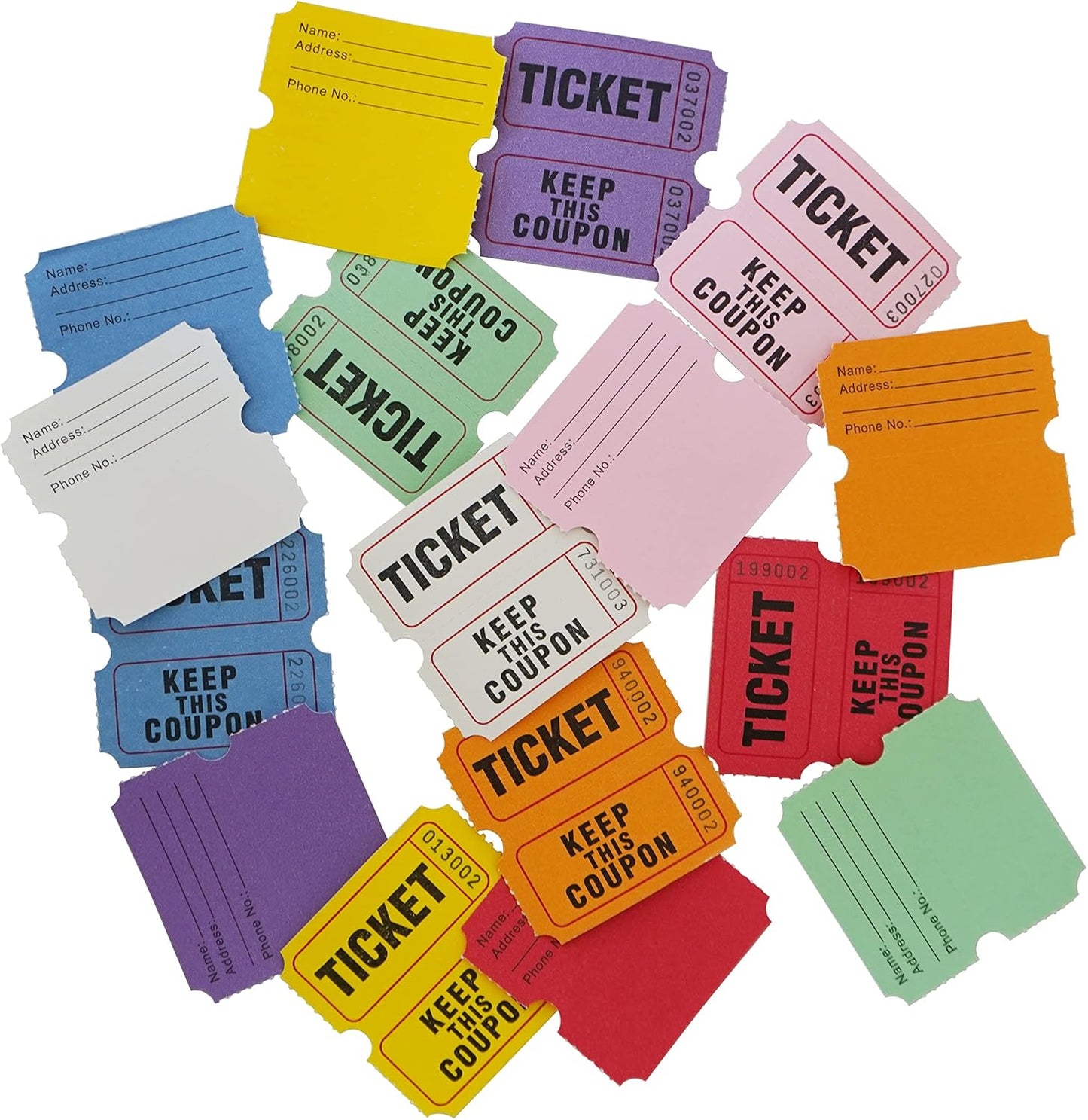 DNB 8000 Pairs Raffle Tickets - 8 Color Set of 1000 2 x 2 Inch 50/50 Double Roll Raffle Tickets - Pink/Red/White/Green/Blue/Yellow/Orange/Purple