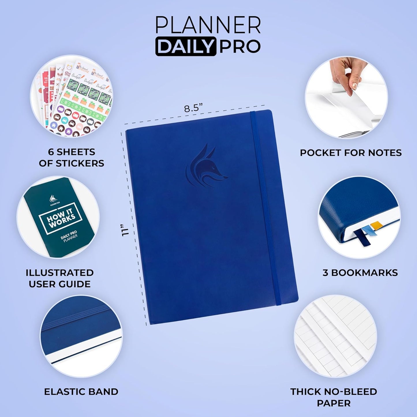 Clever Fox Planner Daily PRO - 8.5 x 11" A4 Size Daily Life Planner and Gratitude Journal to Increase Productivity, Time Management and Hit Your Goals - Undated - Lasts 3 Months (Royal Blue)