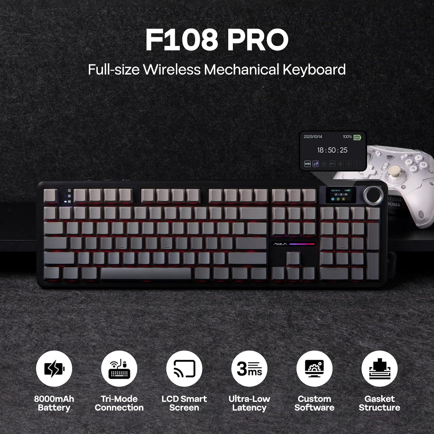 EPOMAKER X Aula F108 PRO Wireless Gaming Keyboard with Screen, 8000mAh Battery, 104 Hot-Swappable and Programmable Keys and Knob, RGB Backlight, for Mac/PC/Android (Black Gradient)
