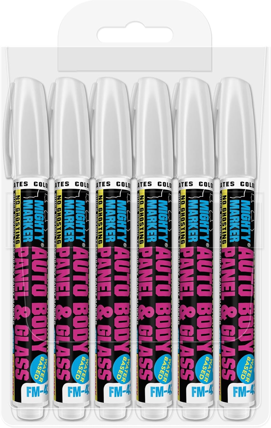FM-43 Auto Body and Glass Paint Marker, No-Ghost, Highly Water-Resistant, 2.3mm Bullet Tip, Valve Action, 6 Bonus Reversible Tips, Made in USA - White 6 Pack