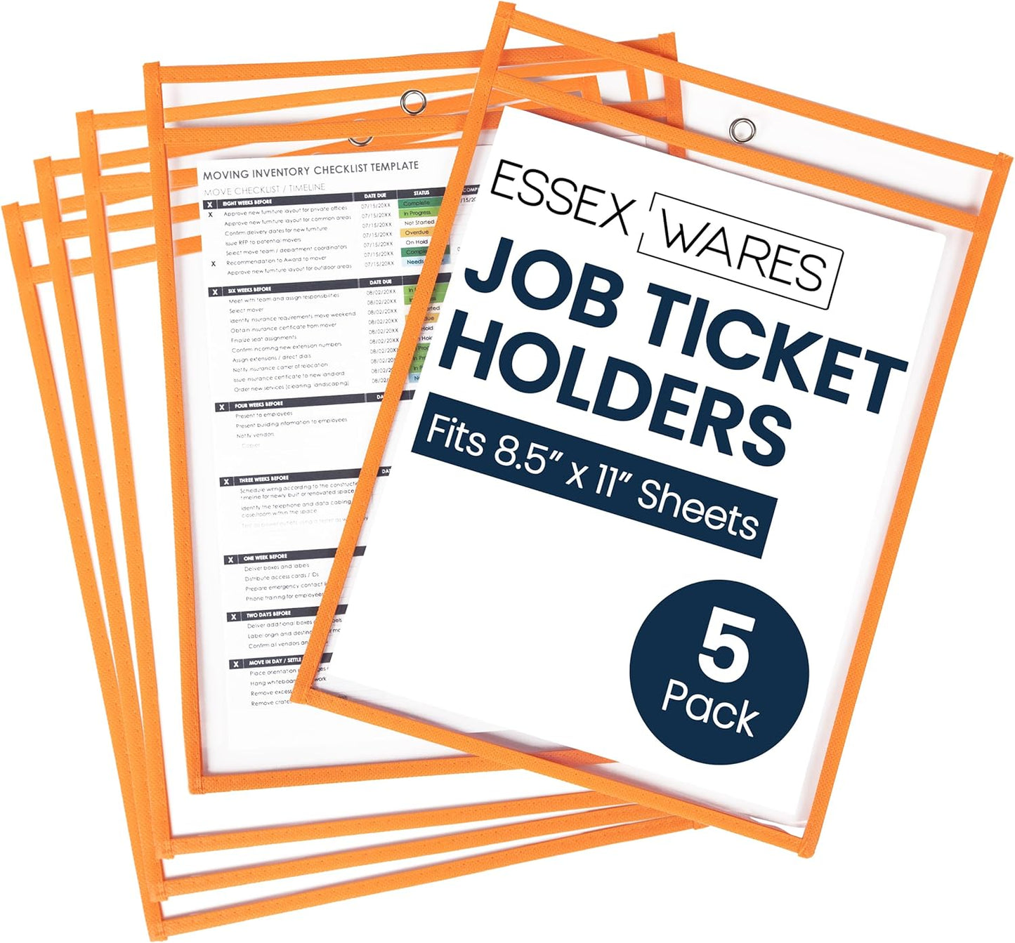 Essex Wares - 5 Pack, Orange, Job Ticket Holders, 10" Wide x 13.5" Tall - Clear Plastic Shop Ticket Holders - Easy to Use, Reusable & Easy Erase Plastic Invoice Holders, Water-Resistant & Durable