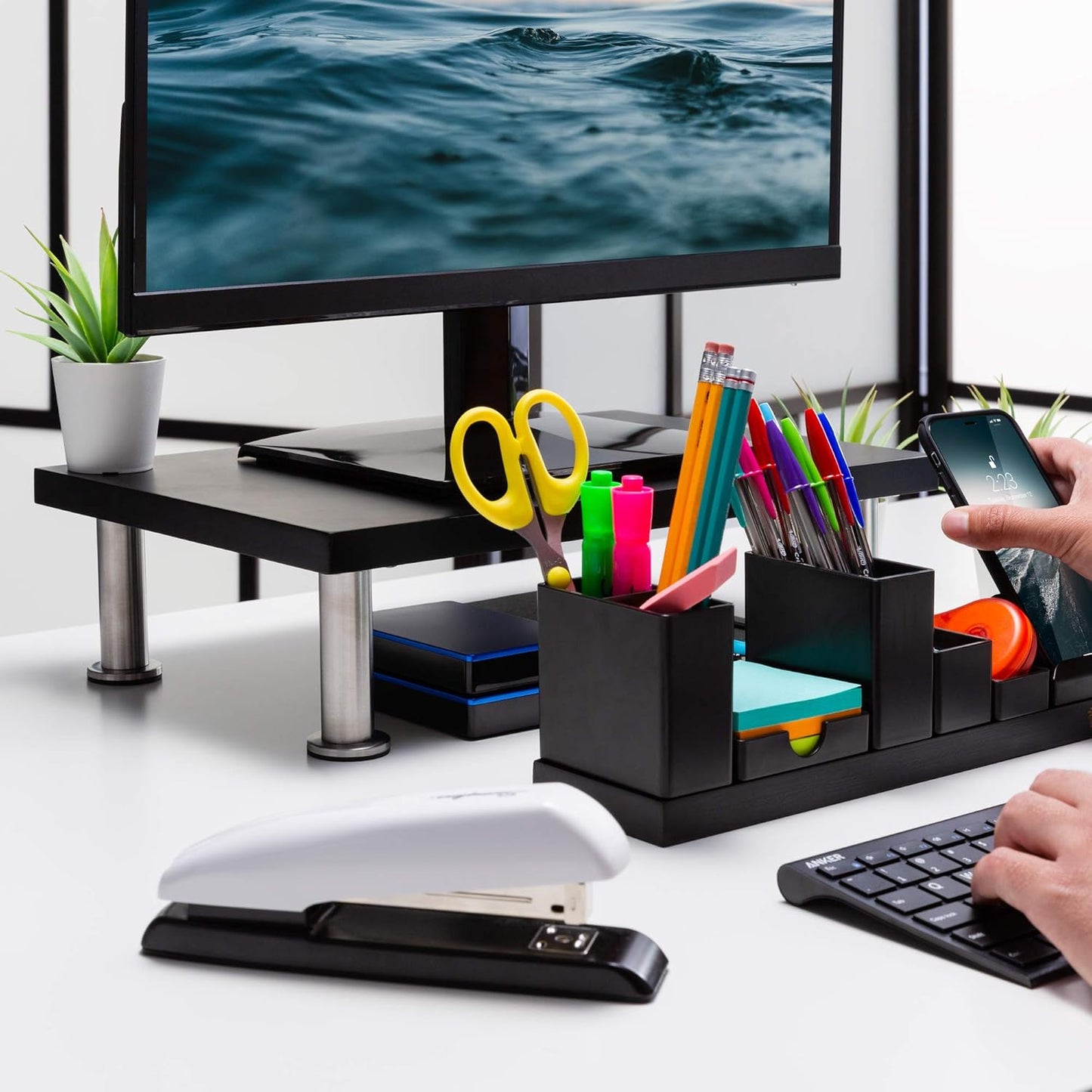 The Original Bamboo Monitor Stand (As Seen On PBS) - Monitor Riser for Computer Screen or Laptop - Desk Shelf Adds Storage Space and Improves Ergonomics - Black