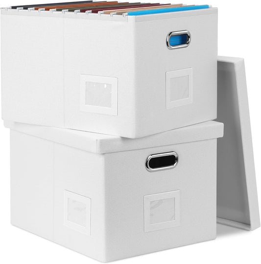 File Organizer Box, Collapsible Storage Filling Box with Lid for Letter Legal Size Hanging Folders Decorative Linen File Folder Box Document Storage Filing Bin, White 2 Pack