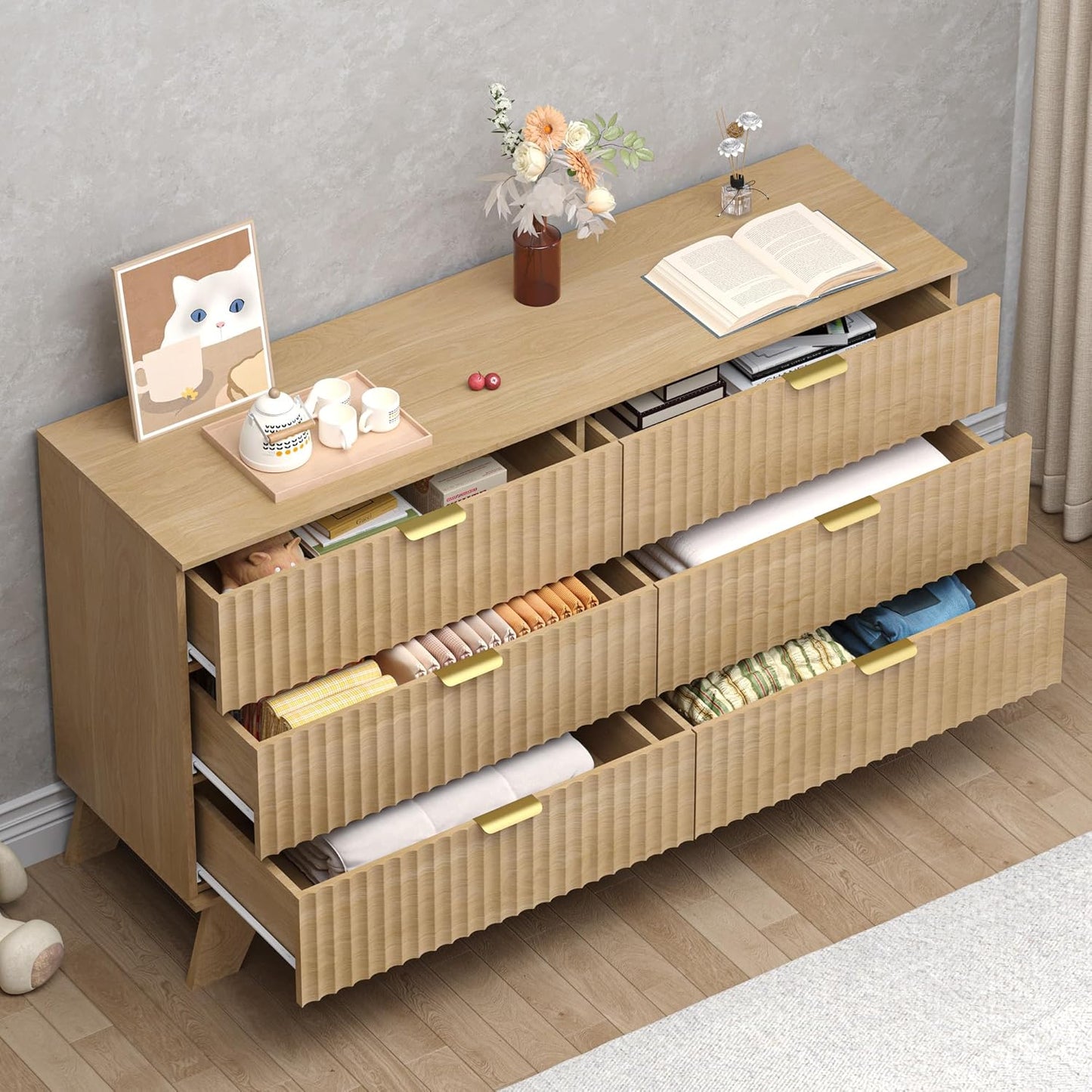 Fluted 6 Drawer Dresser, 47.2" Wide Modern Boho Chest of Drawers, Wooden Storage Dresser TV Stand for Bedroom, Living Room, Closet, Hallway, Curved Profile Design