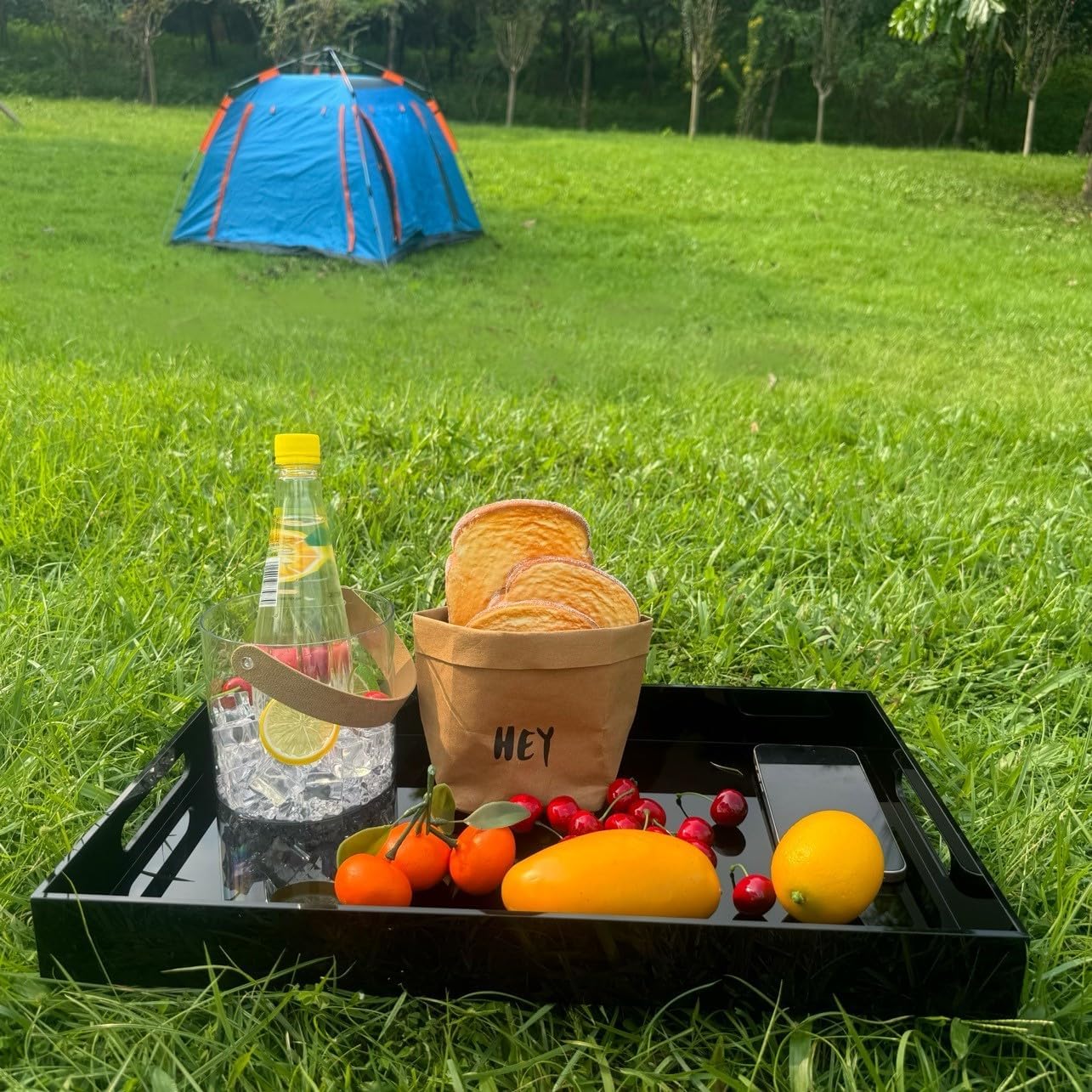 Glossy Black Sturdy Acrylic Serving Tray with Handles-12x20Inch-Serving Coffee,Appetizer,Breakfast,Butler-Kitchen Countertop Makeup Drawer Organizer-Vanity Table Ottoman Decorative Tray