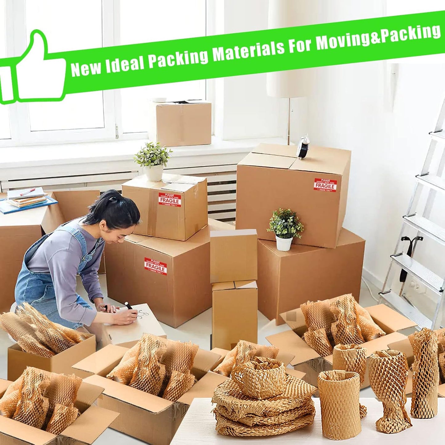Honeycomb Packing Paper, MINHAO 15"x100' Eco Friendly Packing Paper for Moving Recyclable Honeycomb Paper Moving Supplies Bubble Paper Wrapping Protective Roll, With 36 Fragile Sticker Labels
