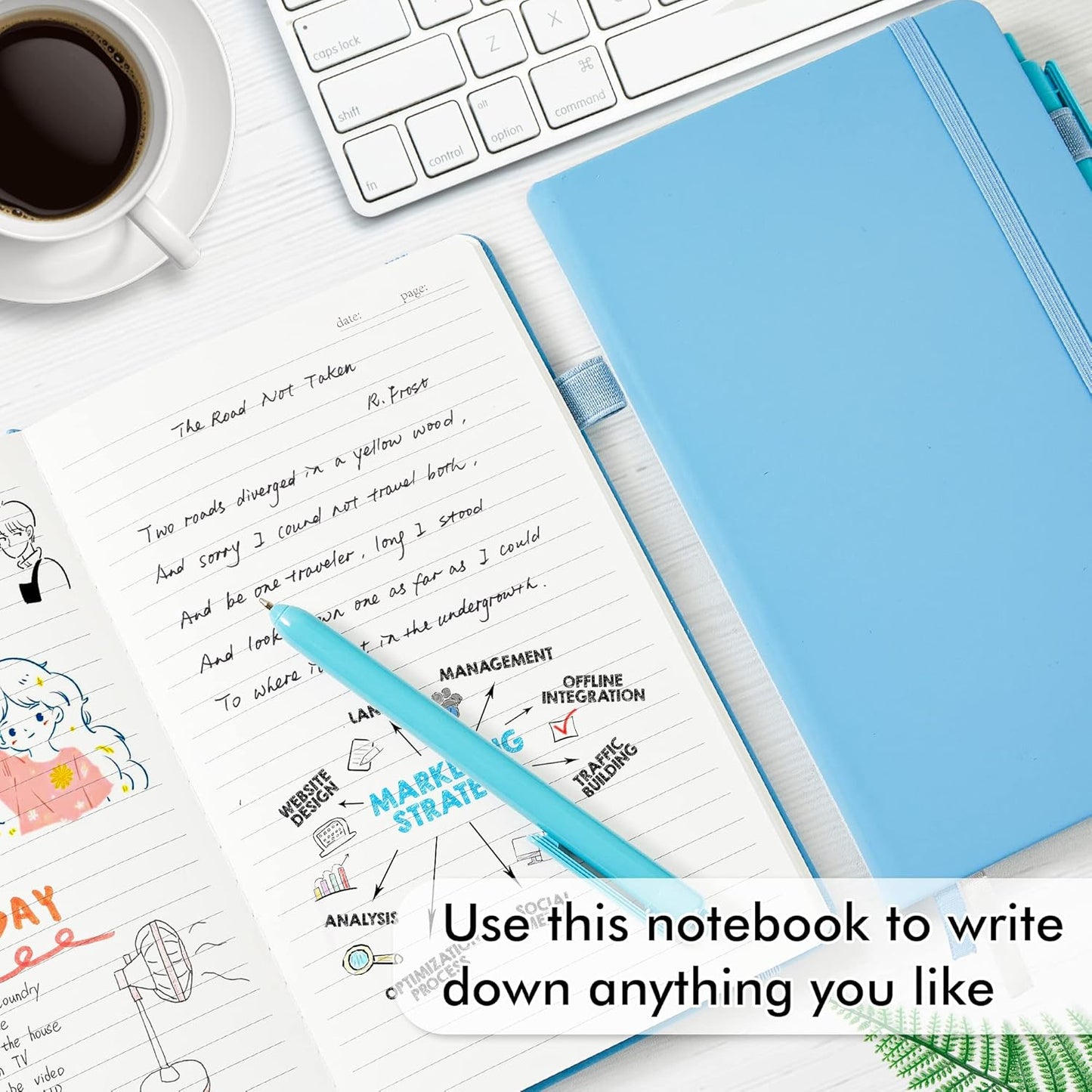 feela 5 Pack Notebooks Journals Bulk, Hardcover Classic Ruled Lined Journals with Pen Holder for Women Girls School Business Supplies, with 5 Black Pens, 120 GSM, 5.1”x8.3”, A5, Blue