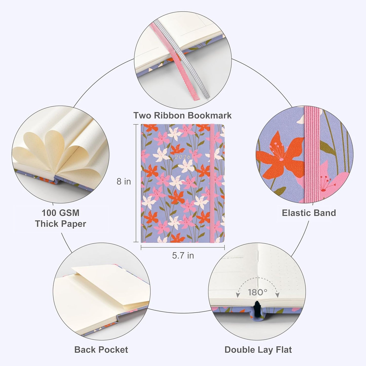 And Per Se 2026 Planner with Pattern-Daily, Weekly & 15-Monthly Leather Hardcover Planner, 5.7" x 8", Daily Schedule, Monthly Tabs, 100 GSM Thick Paper, Back Pocket(Blossom Purple)