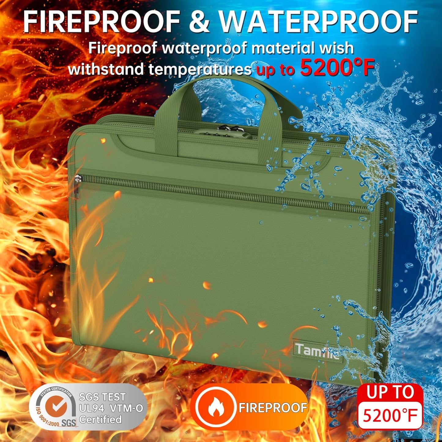 5200℉ Fireproof Accordion File Organizer with Lock, Thickened Document Organizer 13 Pocket with Zipper & Labels, Important Document Organizer, Expanding File Folder with Handle for Letter A4 (Green)