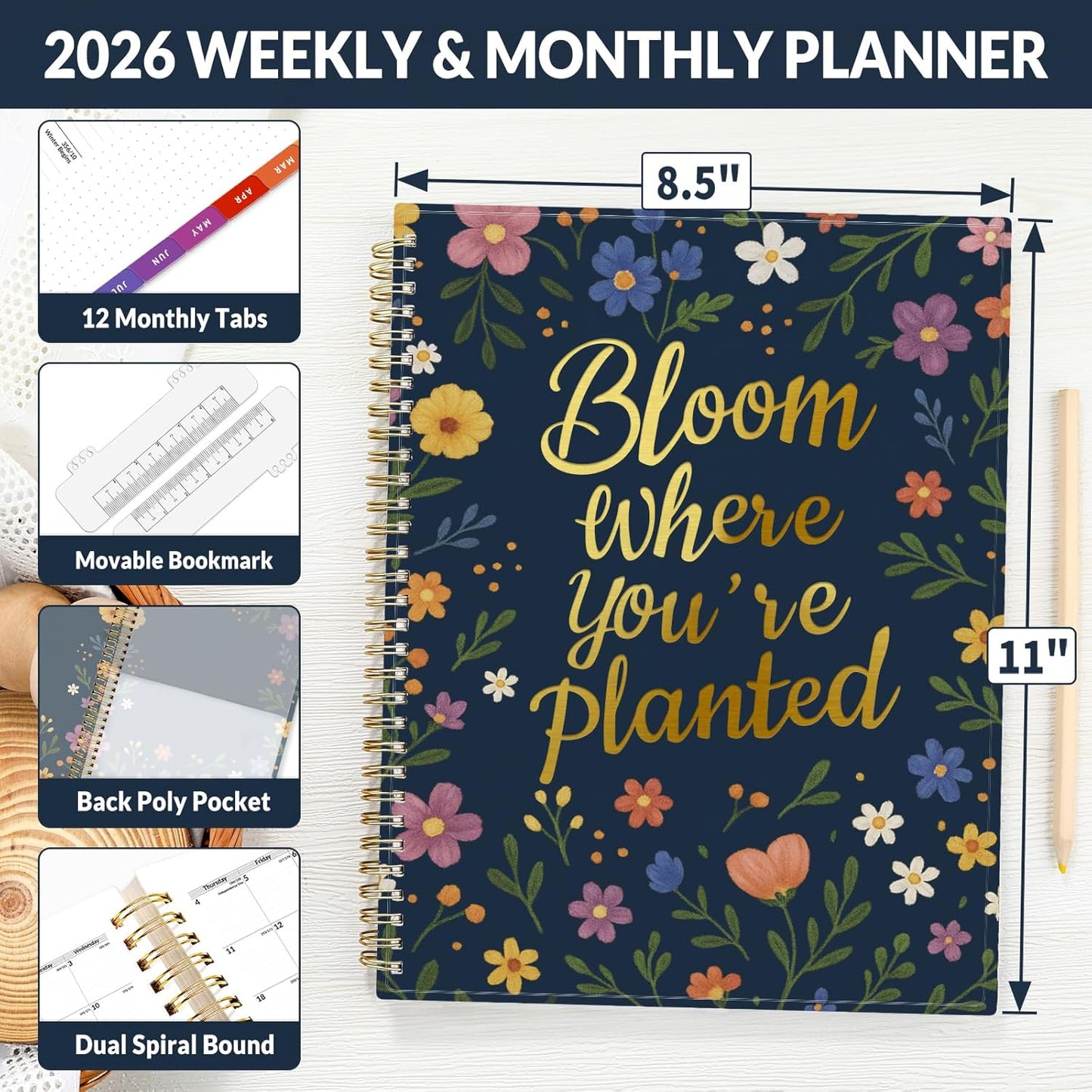 SUNEE 2026 Weekly and Monthly Planner - from January 2026 - December 2026, 8.5"x11" Daily Agenda Planner with Monthly Tab, Flexible Cover, Note Pages, Pockets, Bookmark, Spiral Binding, Navy Flower