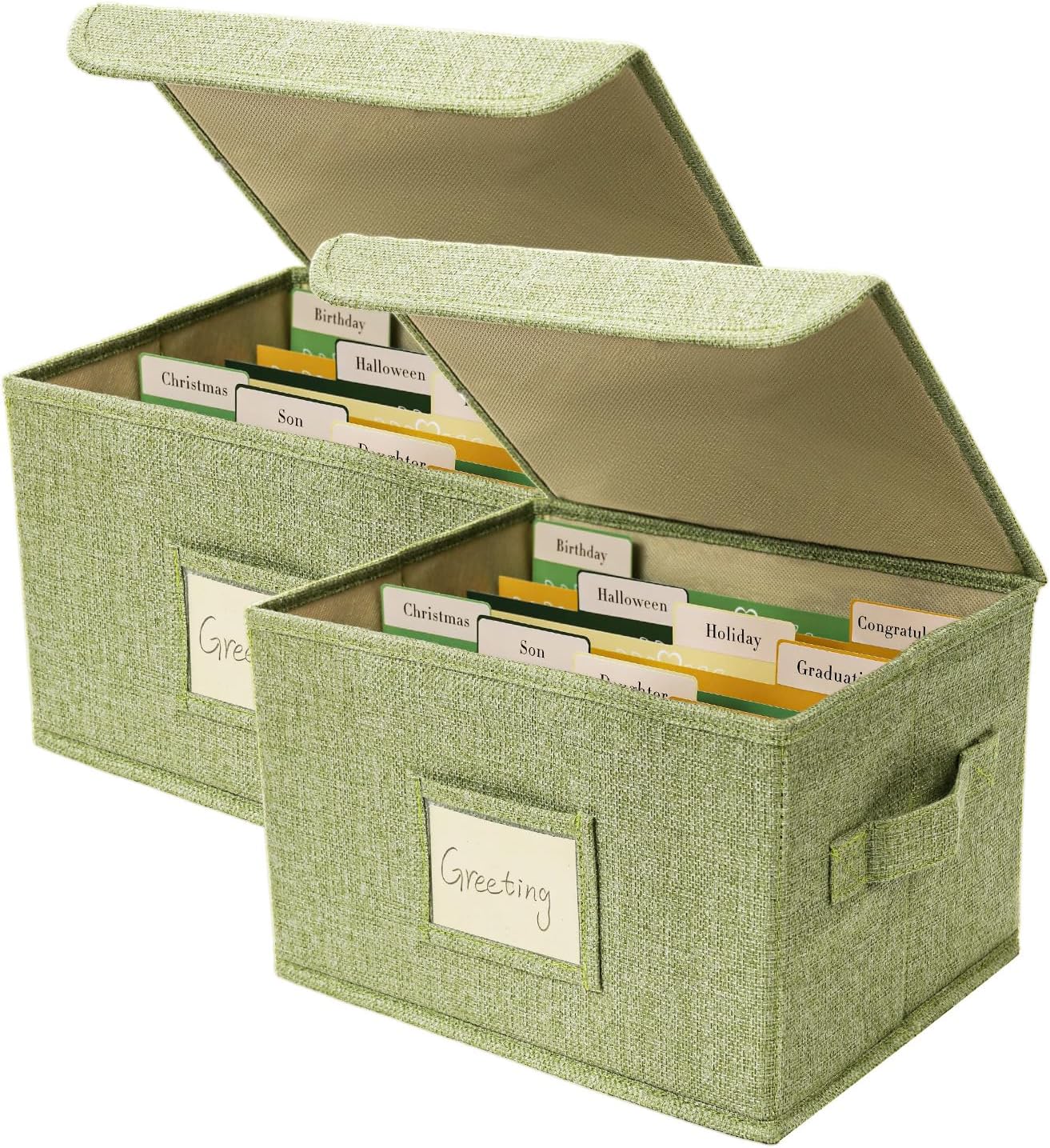 Vienrose Greeting Card Organizer Storage Box with 20 Removable Dividers, 84 Self-stick Labels, Perfect for Photos, Envelopes, Scrapbooking, Paper, Stickers Holder 2 Pack Grass Green