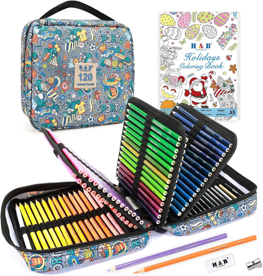 H & B 120 Colored Pencils Kit with Coloring Book, Eraser and Sharpener, Oil Based Soft Core Coloring Pencils Kit with Zipper for Drawing, Gift for Artists, Adults, Teens