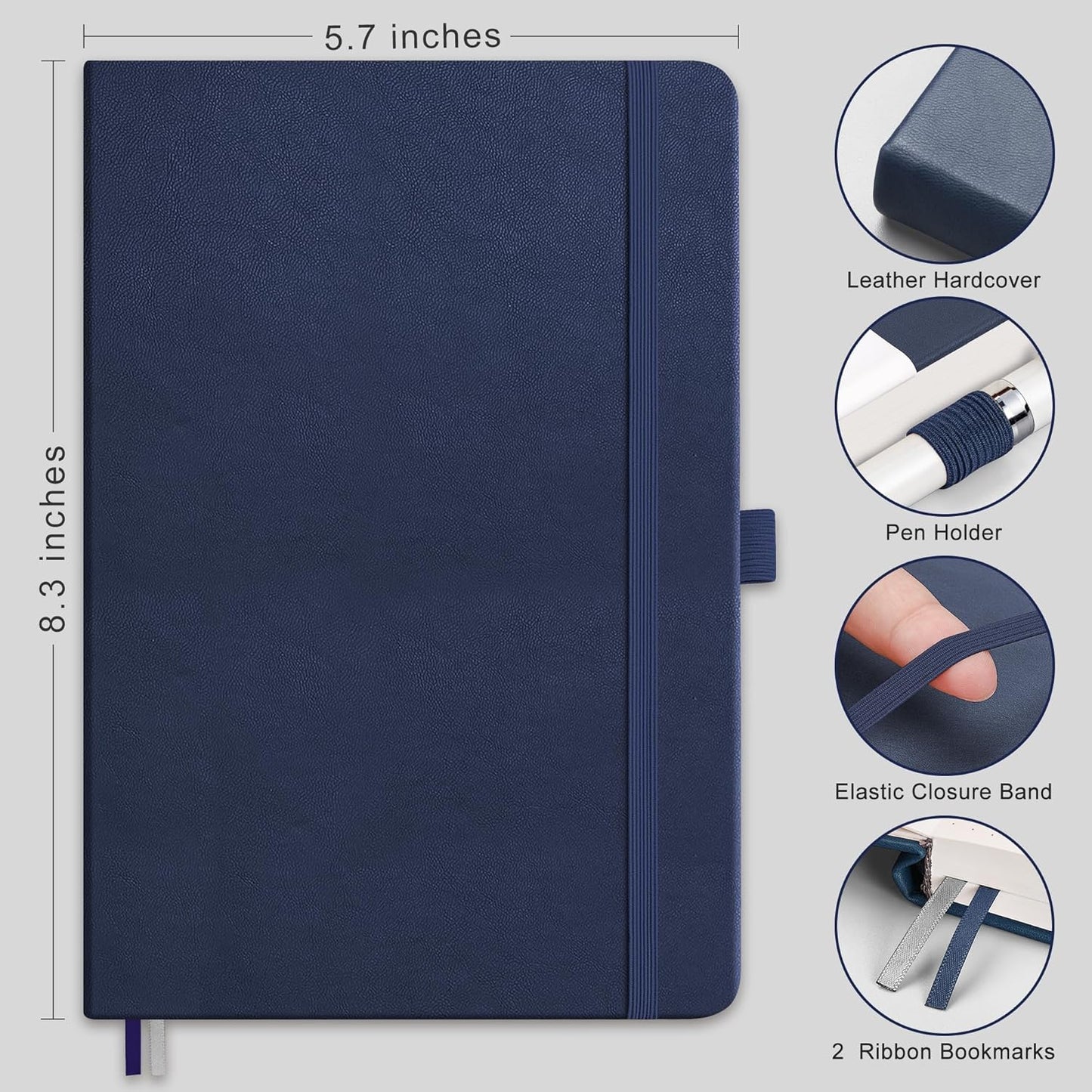 RETTACY Blank Journal Notebook, 192 Pages, A5 Medium Size (5.7'' x 8.3''), Leather Hardcover, 100 GSM Thick Paper, for Sketching, Drawing, Painting (Navy Blue)