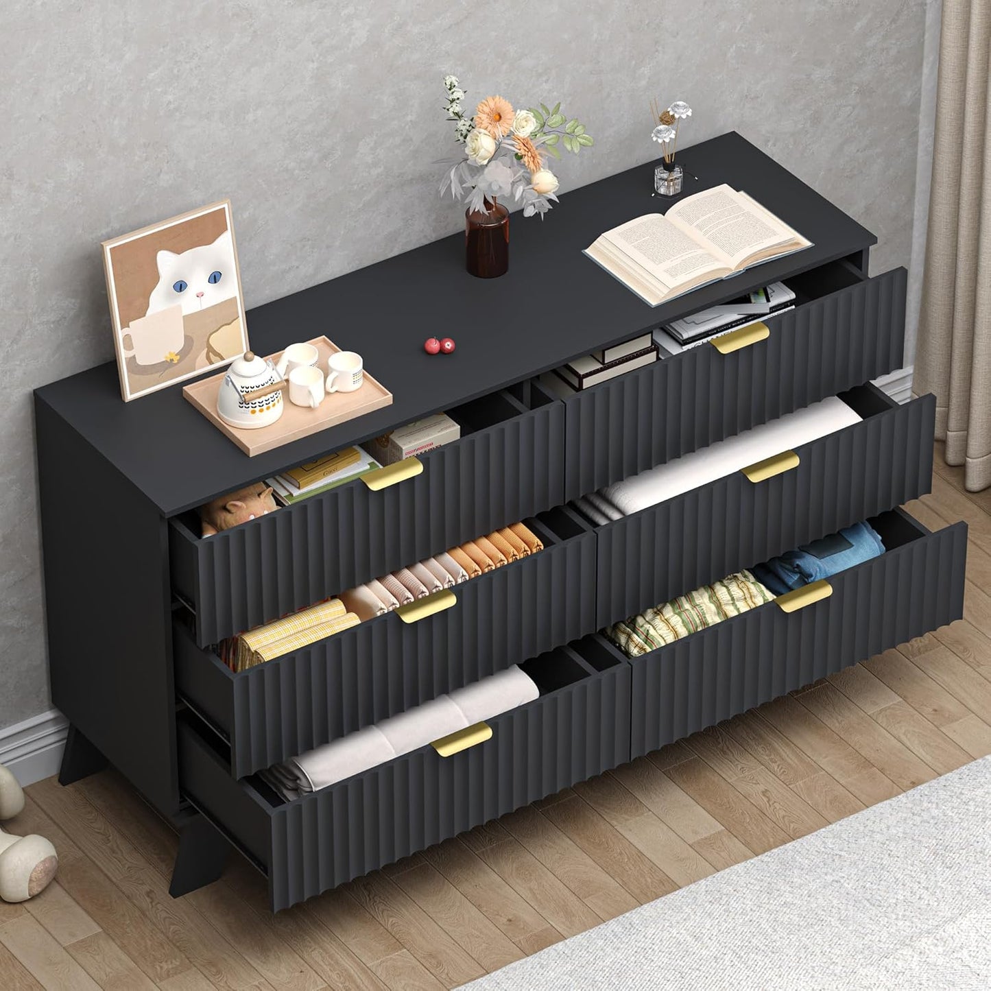 Fluted 6 Drawer Dresser, 47.2" Wide Modern Boho Chest of Drawers, Wooden Storage Dresser TV Stand for Bedroom, Living Room, Closet, Hallway, Curved Profile Design