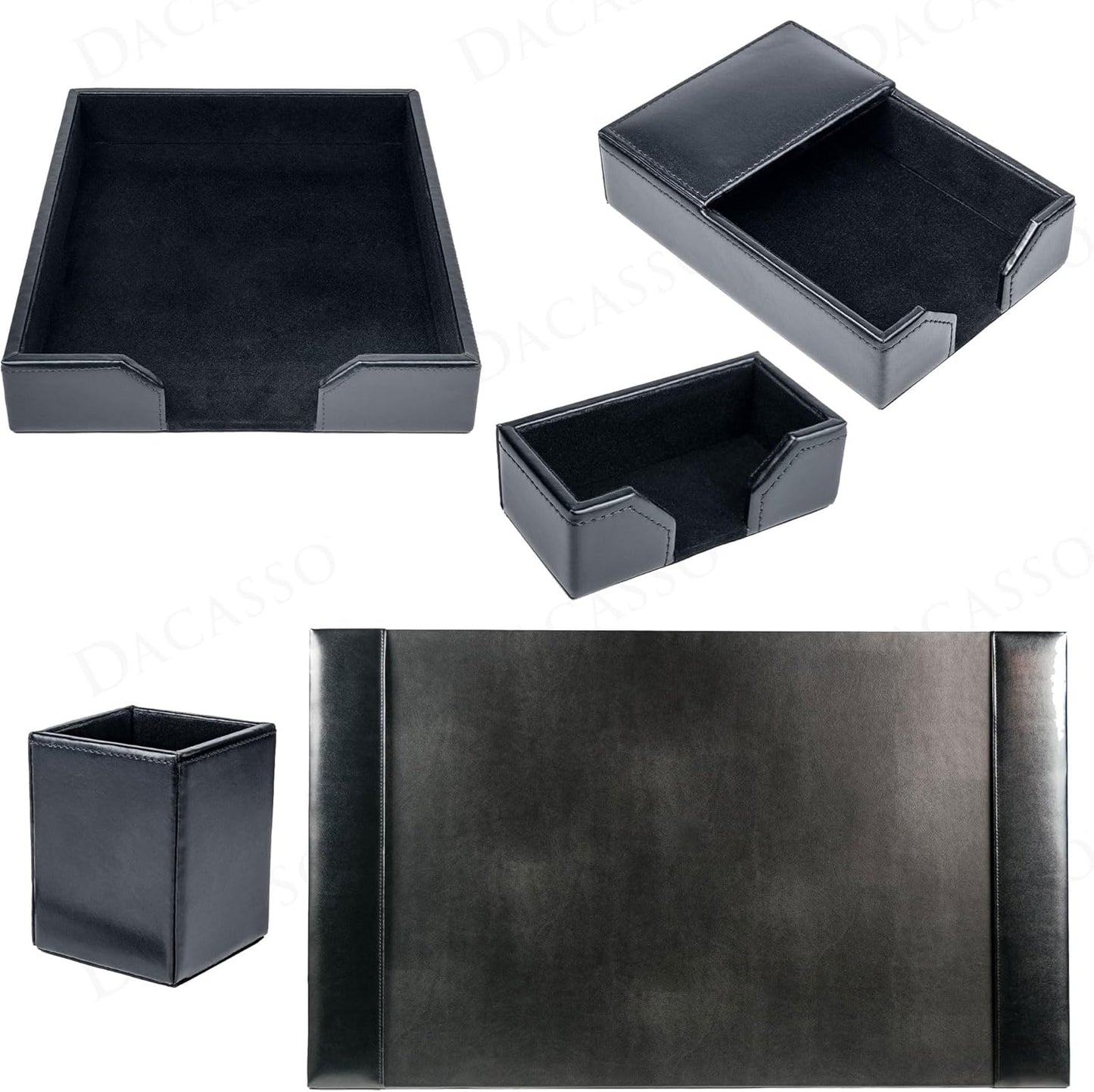 Dacasso Bonded Set Luxury Leather Desk Pad & Desk Organization Essentials, 5 Piece, Black