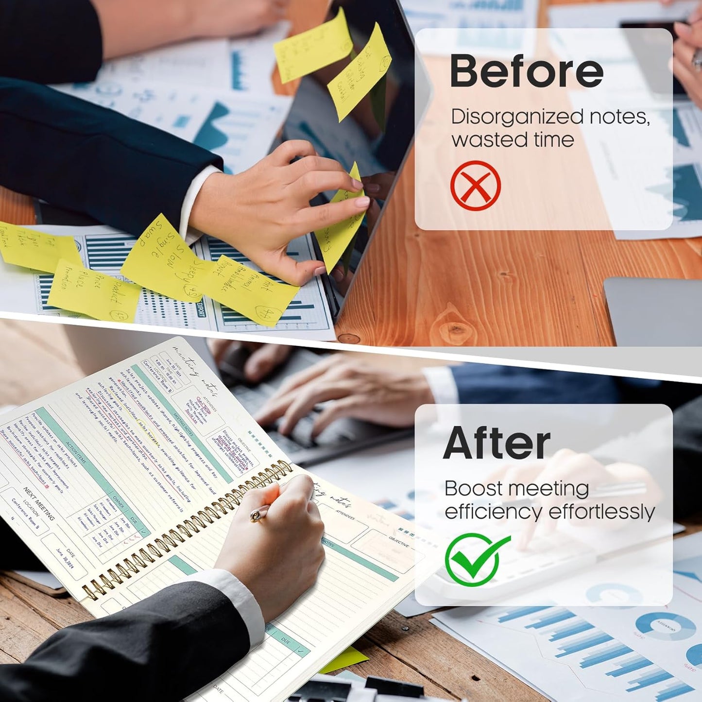 Meeting Notebook for Work Organization - Work notebook with action items, Meeting Minutes Planner Notebook, Perfect Office Supplies for Men & Women - Beige