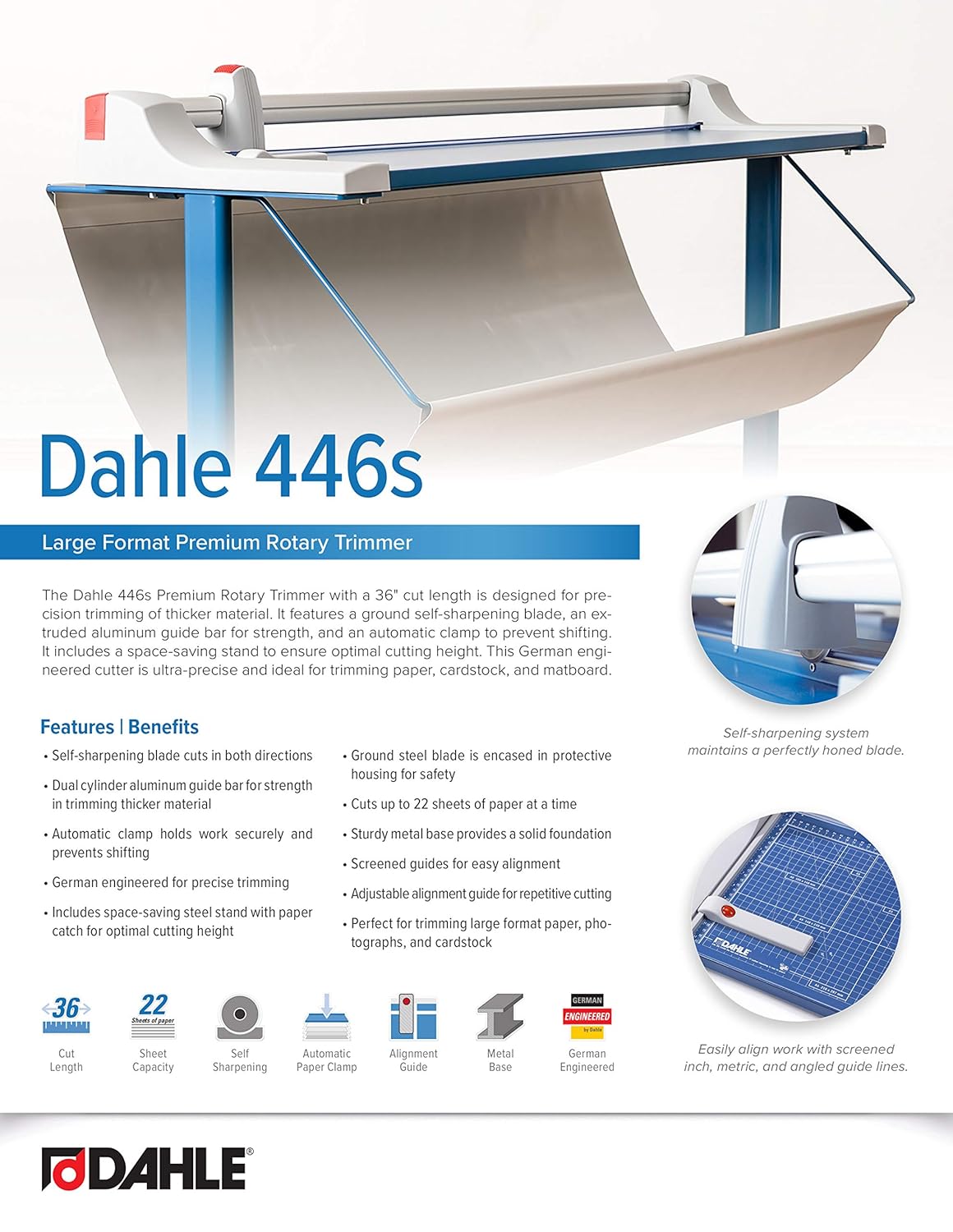 Dahle 446s Premium Rotary Trimmer w/Stand, 36" Cut Length, 25 Sheet Capacity, Self-Sharpening, Automatic Clamp, German Engineered Paper Cutter