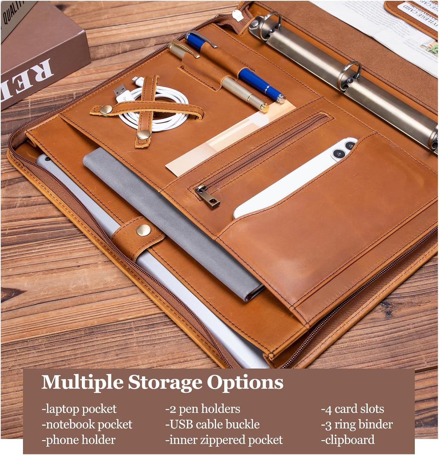 Genuine Leather Portfolio 3 Ring Binder with Clipboard, Hidden Handle, 8.5 x 11 Zippered Padfolio, Business Organizer Professional Executive Folio for Men and Women, Brown