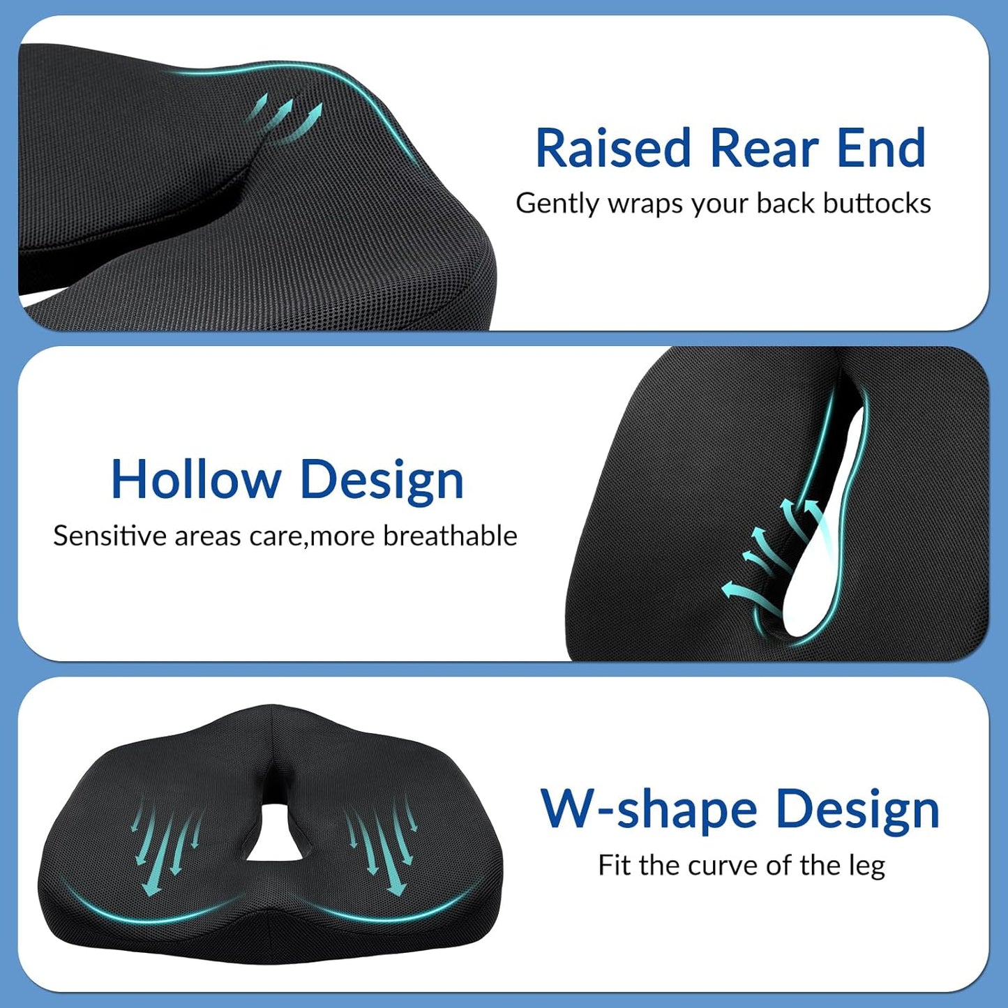 Ergonomic Memory Foam Seat Cushion for Office Chair, Extra Large Pad with U-Shaped Design for Pressure Relief, Coccyx Sciatica & Back Pain Relief, for Home, Car Long Sitting (Black/Gray)