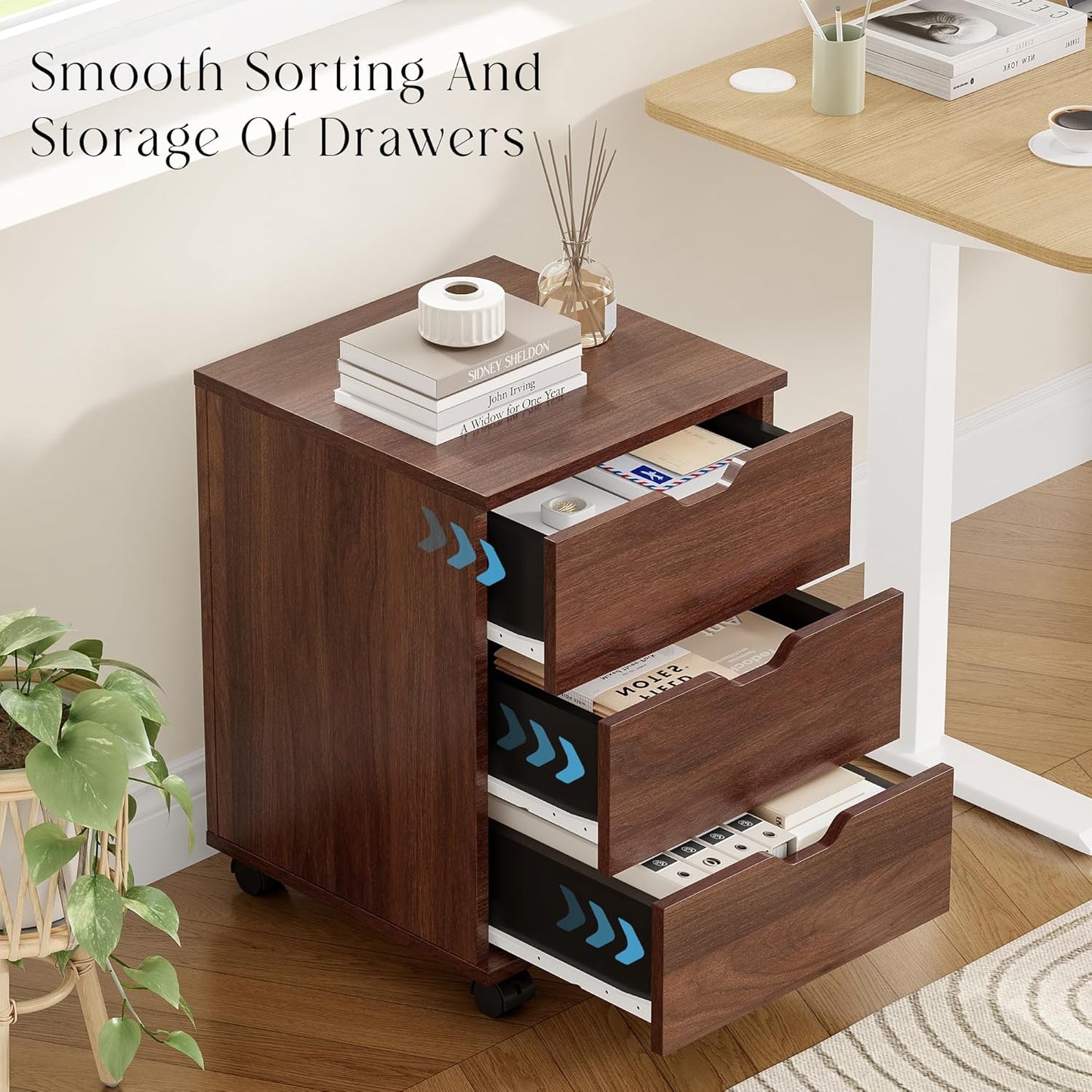 Farini 3-Drawer Under Desk Wooden File Storage Cabinet with Lockable Caster for Home Office,Brown,Required Assembly